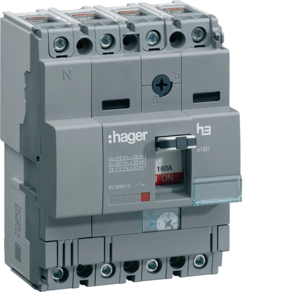 Disjuntor de caixa moldada Hager HHA161H – x160, 4P, 160 A, 25 kA