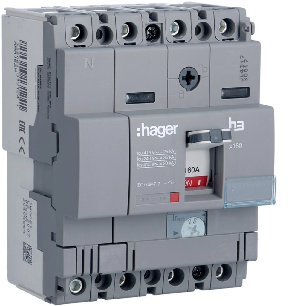 Disjuntor de caixa moldada Hager HHA162H – x160, 4P (neutro a 50 %), 160 A, 25 kA