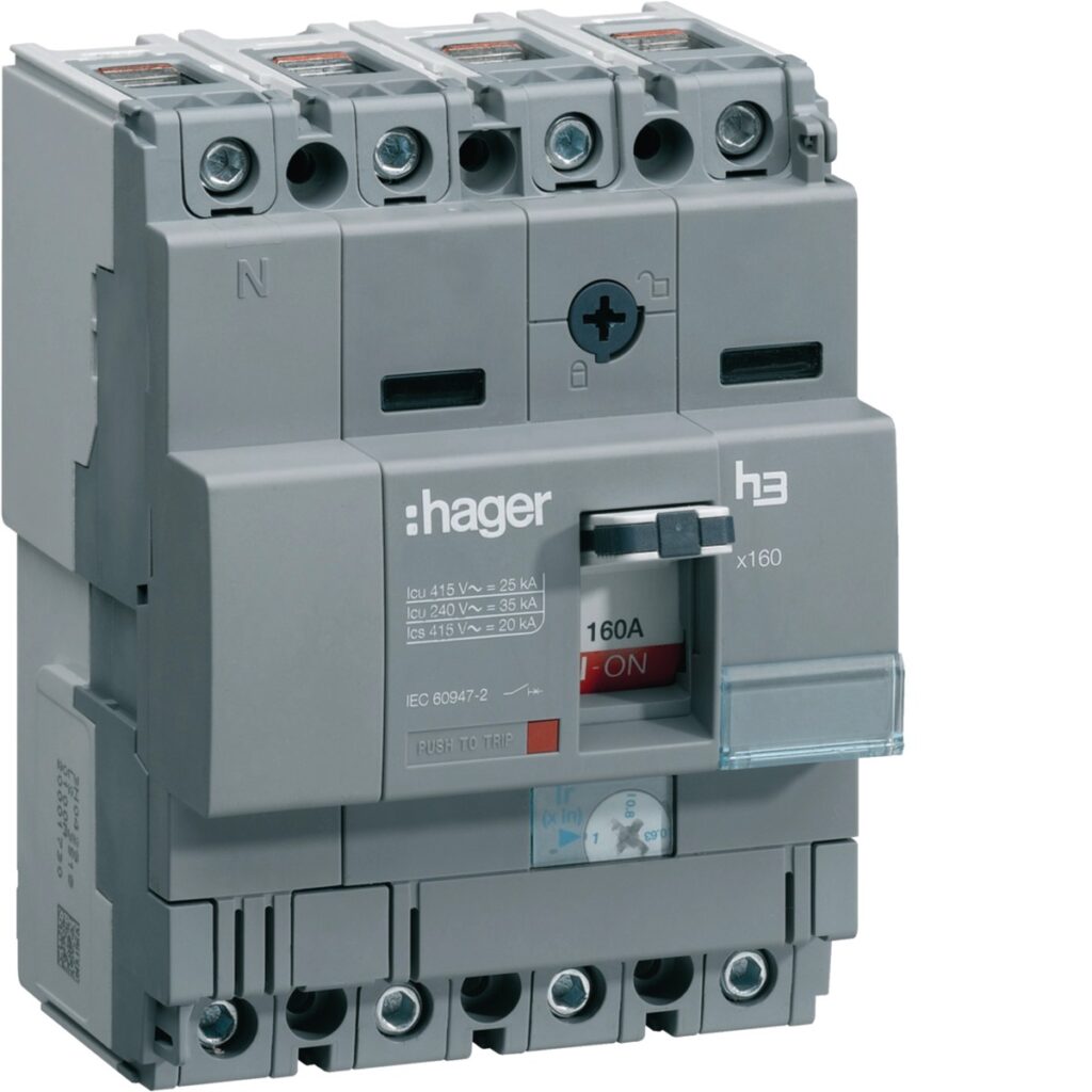 Disjuntor de caixa moldada Hager HNA161H – x160, 4P, 160 A, 40 kA