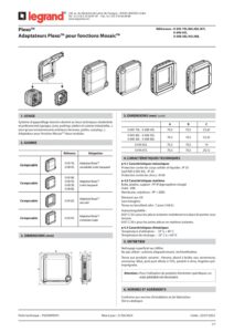 Ficha técnica – Adaptador Mosaic Legrand Plexo 069582L – para funções Mosaic de 2 módulos, sem tampa, IP20, cinzento