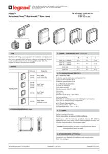 Ficha técnica – Adaptador Mosaic Legrand Plexo 069582L – para funções Mosaic de 2 módulos, sem tampa, IP20, cinzento