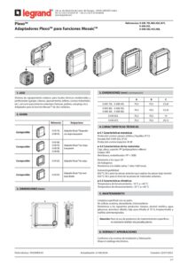 Ficha técnica – Adaptador Mosaic Legrand Plexo 069582L – para funções Mosaic de 2 módulos, sem tampa, IP20, cinzento