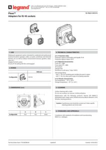 Ficha técnica – Adaptador RJ45 estanque Legrand Plexo 069581L – para tomada RJ45 Mosaic, cinzento