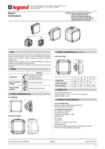 Ficha técnica – Botão luminoso Legrand Plexo 069722L – estanque, NA, 10 A, IP55, saliente, cinzento