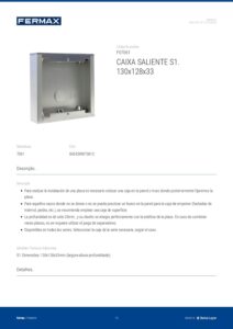 Ficha técnica – Caixa saliente Fermax 7061 – S1, 130 x 128 x 33 mm, alumínio, para unidade exterior City e Skyline