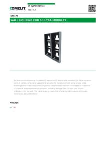 Ficha técnica – Cobertura de superfície Comelit UT9176 – 6 módulos Ultra (2 x 3), 221 x 289 x 35 mm, cinzenta