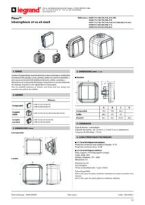 Ficha técnica – Comutador de escada Legrand Plexo 069711L – estanque, 10 AX, IP55, saliente, cinzento