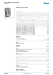 Ficha técnica – Disjuntor de caixa moldada Hager HDA040L – x160, 3P, 40 A, 18 kA