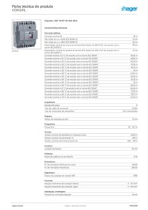 Ficha técnica – Disjuntor de caixa moldada Hager HDA041L – x160, 4P, 40 A, 18 kA