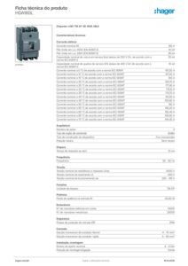 Ficha técnica – Disjuntor de caixa moldada Hager HDA160L – x160, 3P, 160 A, 18 kA