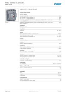 Ficha técnica – Disjuntor de caixa moldada Hager HHA127H – x160, 4P (neutro a 50 %), 125 A, 25 kA