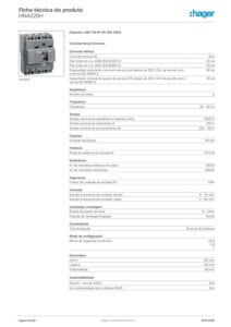 Ficha técnica – Disjuntor de caixa moldada Hager HNA026H – x160, 4P, 25 A, 40 kA