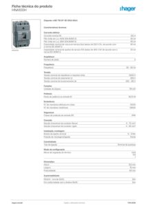 Ficha técnica – Disjuntor de caixa moldada Hager HNA100H – x160, 3P, 100 A, 40 kA