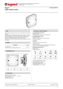 Ficha técnica – Interruptor crepuscular Legrand Plexo 069517L – célula integrada, 2 a 1500 lx, IP55, mecanismo