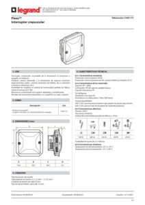 Ficha técnica – Interruptor crepuscular Legrand Plexo 069517L – célula integrada, 2 a 1500 lx, IP55, mecanismo