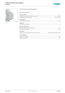 Ficha técnica – Relé diferencial Hager HR500 – tipo A, 30 mA, instantâneo