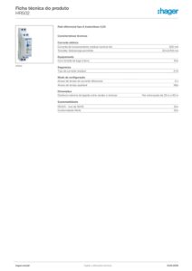 Ficha técnica – Relé diferencial Hager HR502 – tipo A, 300 mA, instantâneo