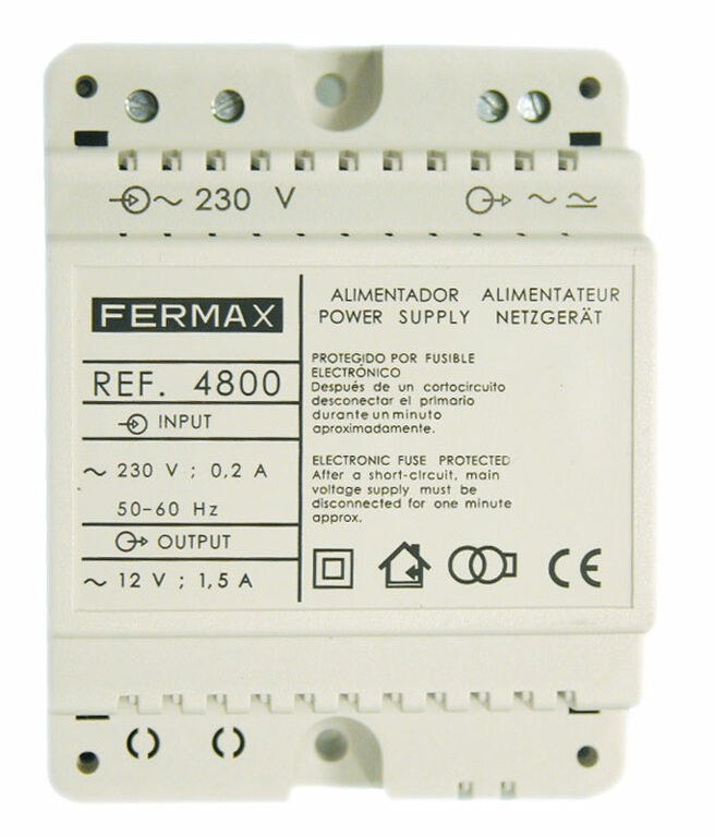 Fonte de alimentação Fermax 4800 – 230 V AC para 12 V AC, 1,5 A, DIN 4 módulos, para trinco
