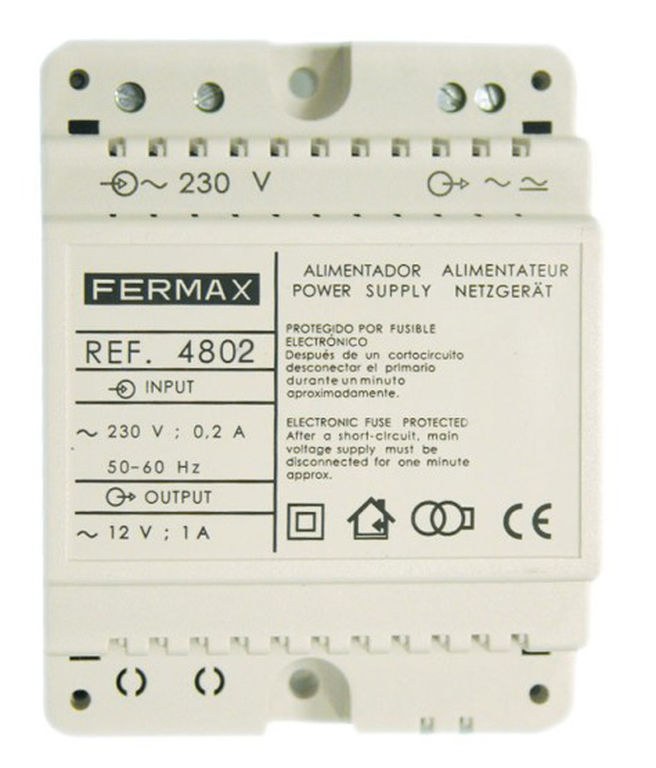 Fonte de alimentação Fermax 4802 – 230 V AC para 12 V AC, 1 A, DIN 4 módulos, para trinco