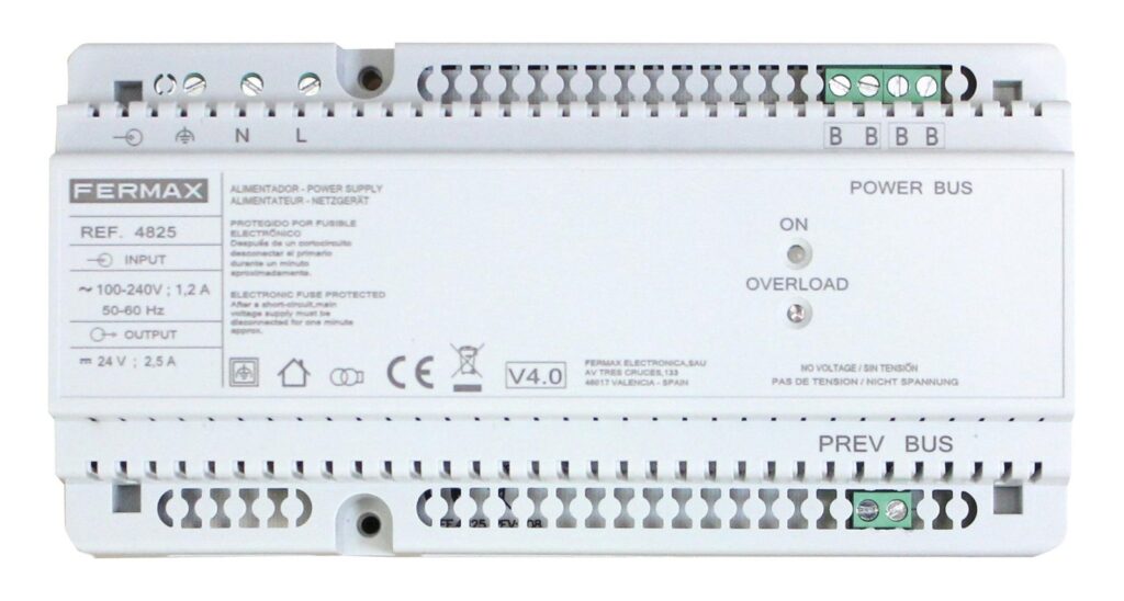 Fonte de alimentação Fermax 4825 – 24 V DC, 2,5 A, com filtro, DIN 10 módulos, Duox Plus