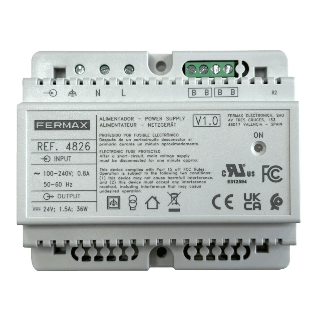Fonte de alimentação Fermax 4826 – 24 V DC, 1,5 A, com filtro, DIN 6 módulos, Duox Plus
