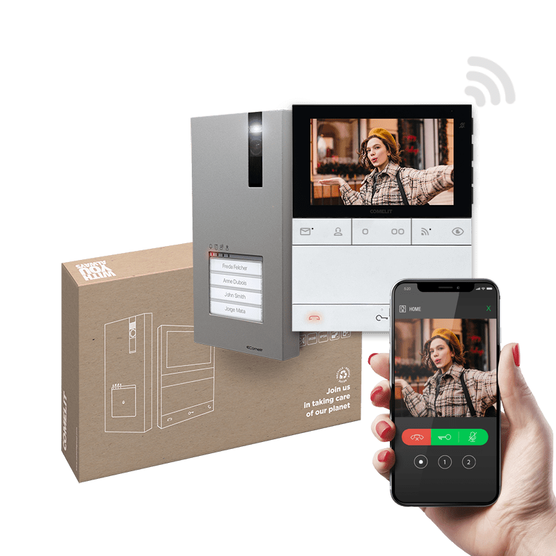 Kit de videoporteiro Comelit Quadra e People Wi-Fi Simplebus 2 PL8451V – mãos-livres, monitor 5", 1 habitação