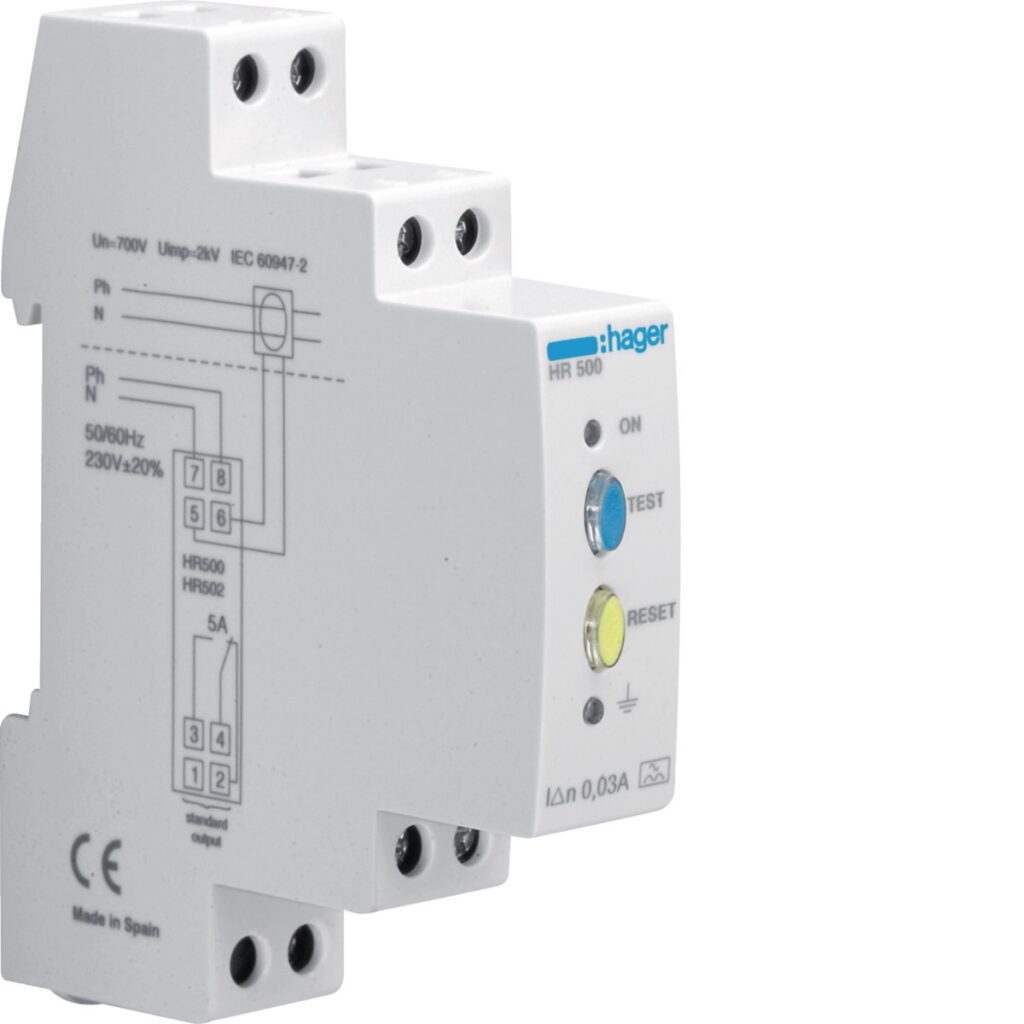 Relé diferencial Hager HR500 – tipo A, 30 mA, instantâneo