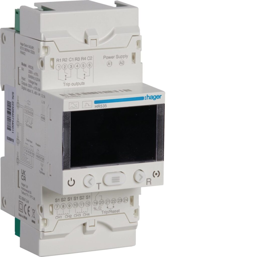 Relé diferencial Hager HR535 – tipo A, 4 canais, 0,03 a 3 A, temporizado