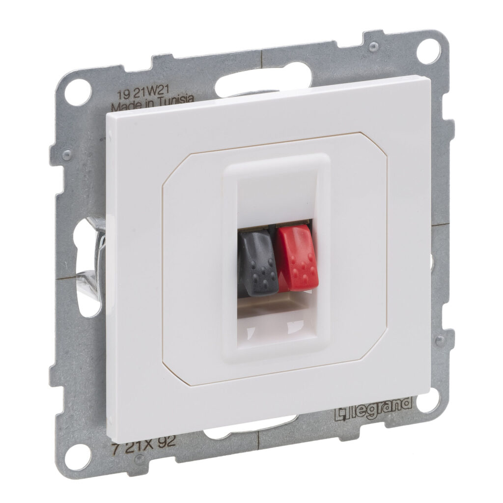 Tomada de altifalante Legrand New Suno – estéreo, ligadores 4 mm², branca, alumínio ou preta