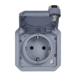 Tomada com chave Legrand Plexo 069574L – Schuko 16 A, tampa trancada à chave, IP55, mecanismo, cinzenta