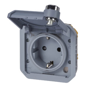 Tomada com chave Legrand Plexo 069574L – Schuko 16 A, tampa trancada à chave, IP55, mecanismo, cinzenta