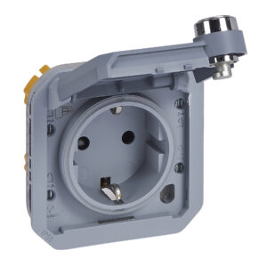 Tomada com chave Legrand Plexo 069574L – Schuko 16 A, tampa trancada à chave, IP55, mecanismo, cinzenta