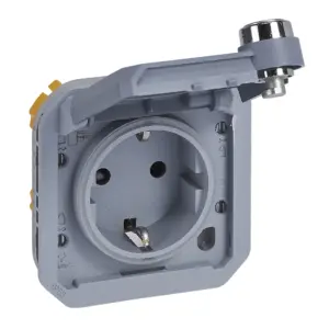 Tomada com chave Legrand Plexo 069574L – Schuko 16 A, tampa trancada à chave, IP55, mecanismo, cinzenta