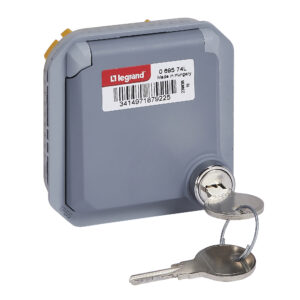 Tomada com chave Legrand Plexo 069574L – Schuko 16 A, tampa trancada à chave, IP55, mecanismo, cinzenta