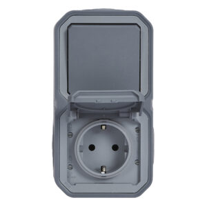 Tomada com comutador Legrand Plexo 069746L – estanque, Schuko 16 A, comutador 10 AX, IP55, cinzenta