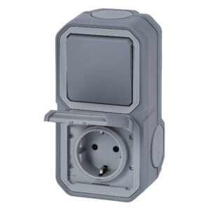 Tomada com comutador Legrand Plexo 069746L – estanque, Schuko 16 A, comutador 10 AX, IP55, cinzenta
