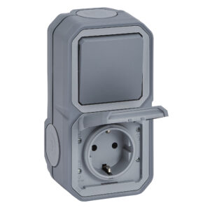 Tomada com comutador Legrand Plexo 069746L – estanque, Schuko 16 A, comutador 10 AX, IP55, cinzenta