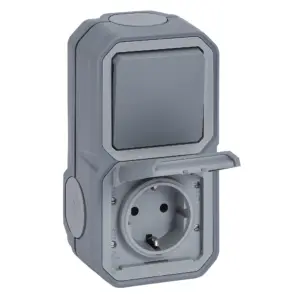 Tomada com comutador Legrand Plexo 069746L – estanque, Schuko 16 A, comutador 10 AX, IP55, cinzenta