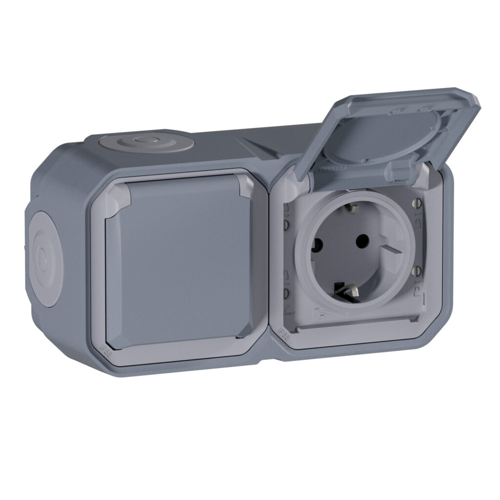 Tomada dupla Schuko Legrand Plexo 069742L – estanque, pré-cablada, horizontal, 16 A, IP55, cinzenta