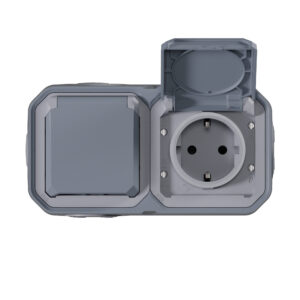 Tomada dupla Schuko Legrand Plexo 069742L – estanque, pré-cablada, horizontal, 16 A, IP55, cinzenta