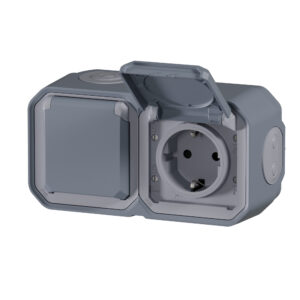 Tomada dupla Schuko Legrand Plexo 069742L – estanque, pré-cablada, horizontal, 16 A, IP55, cinzenta