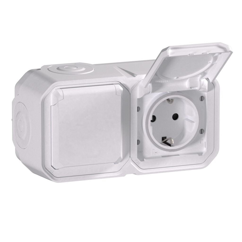 Tomada dupla Schuko Legrand Plexo 069772L – estanque, pré-cablada, horizontal, 16 A, IP55, branca