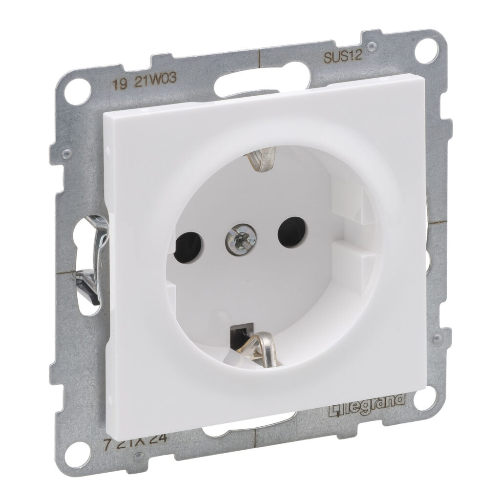Tomada Schuko Legrand New Suno – 16 A, ligadores de parafuso, obturadores, branca, alumínio ou preta
