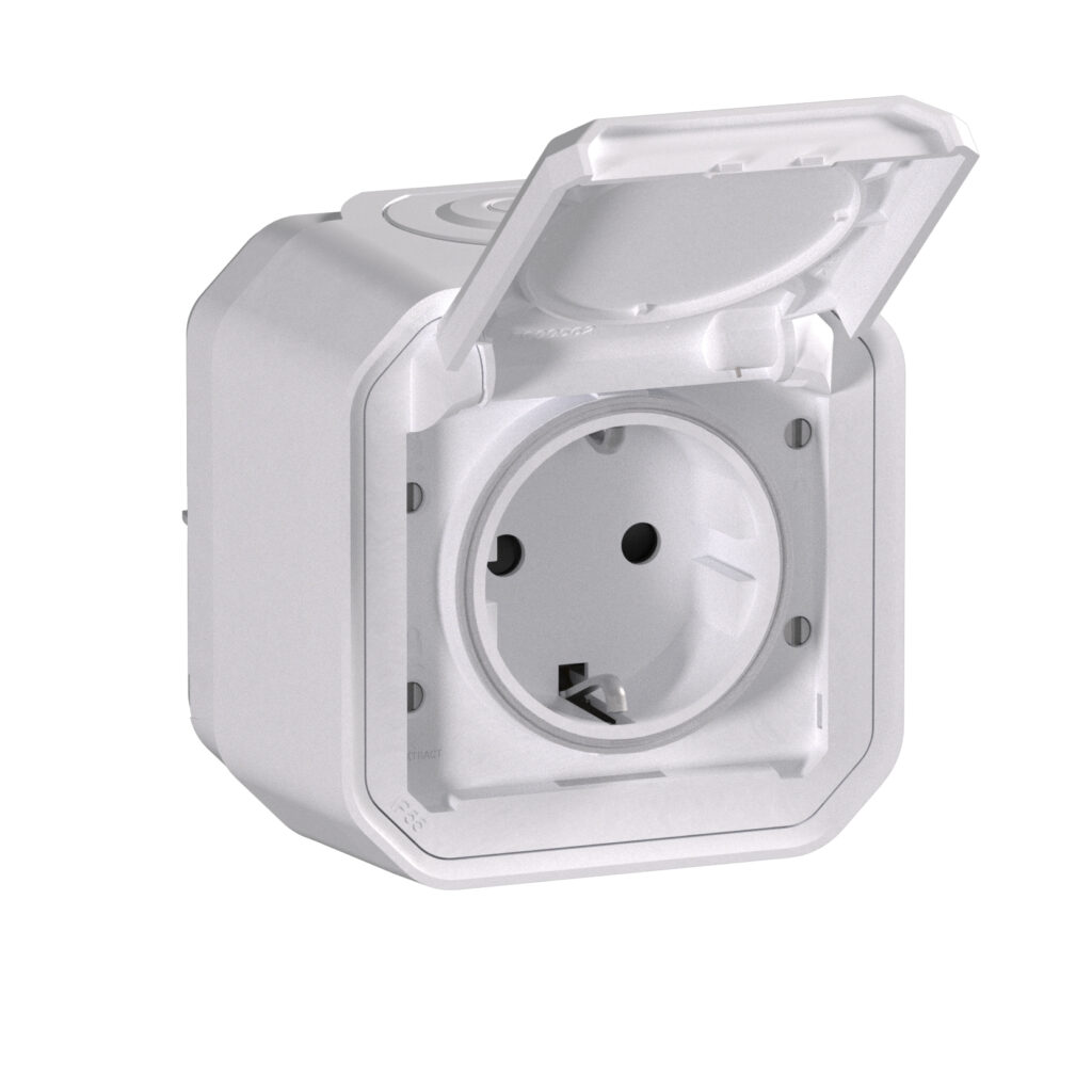 Tomada Schuko Legrand Plexo 069770L – estanque, 2P+T, 16 A, IP55, saliente, branca