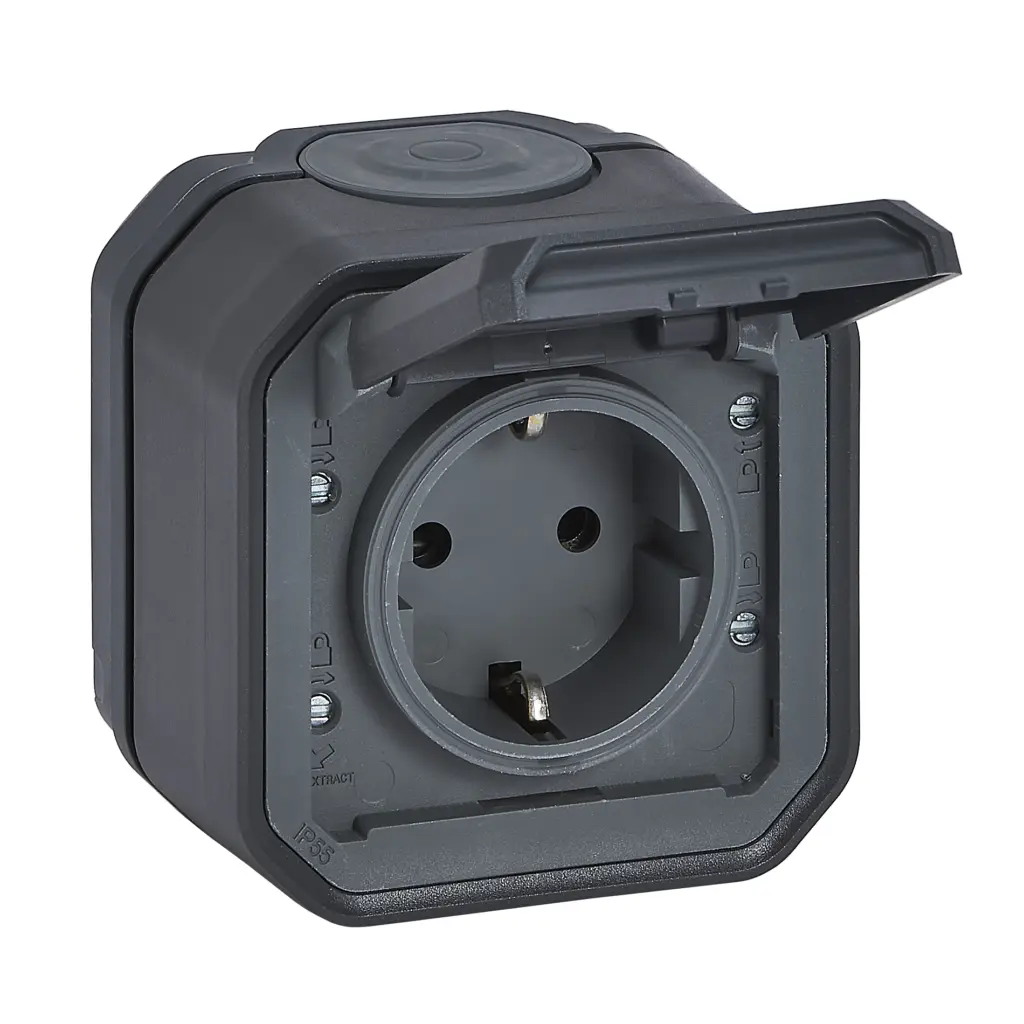 Tomada Schuko Legrand Plexo 069799L – estanque, 2P+T, 16 A, IP55, saliente, antracite