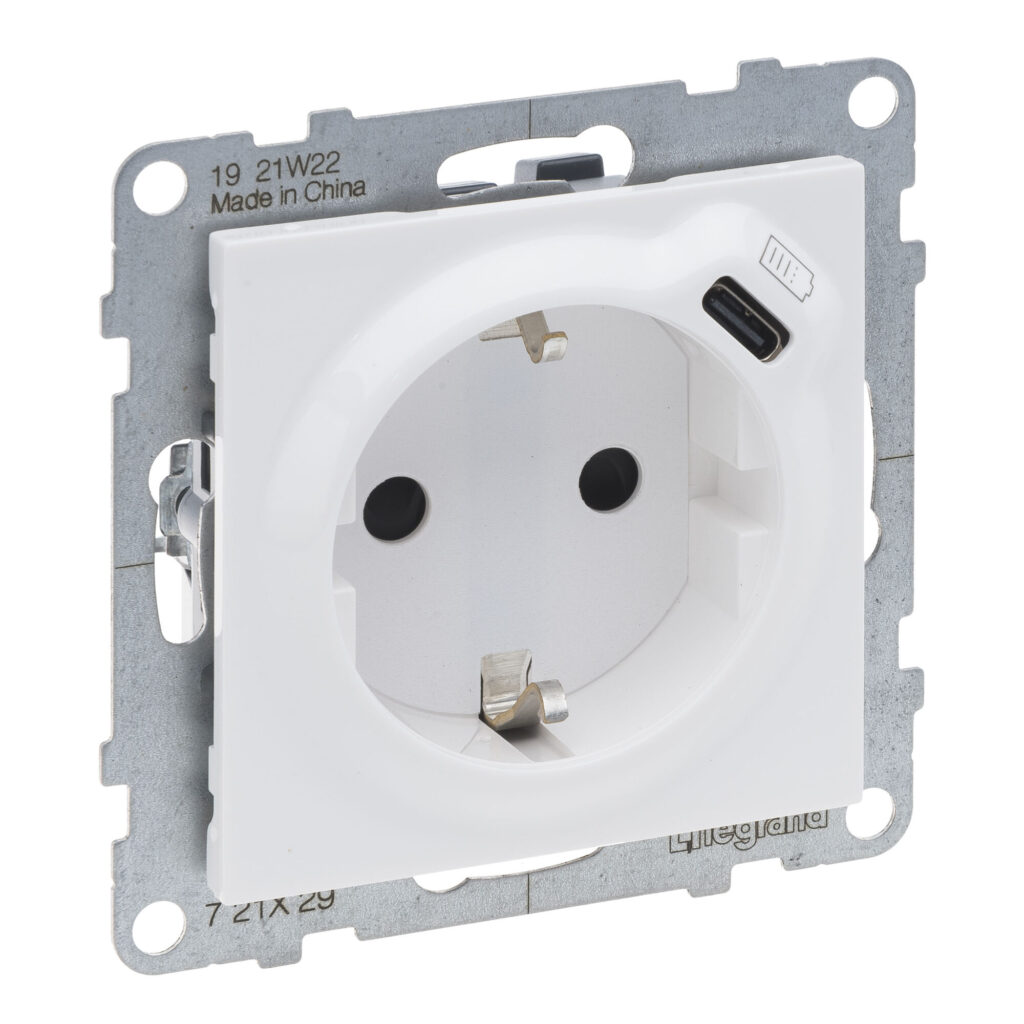 Tomada Schuko USB-C Legrand New Suno – 16 A, USB-C 7,5 W, branca, alumínio ou preta