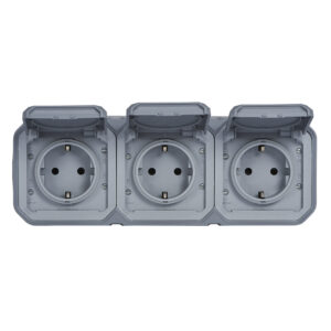 Tomada tripla Schuko Legrand Plexo 069743L – estanque, pré-cablada, horizontal, 16 A, IP55, cinzenta