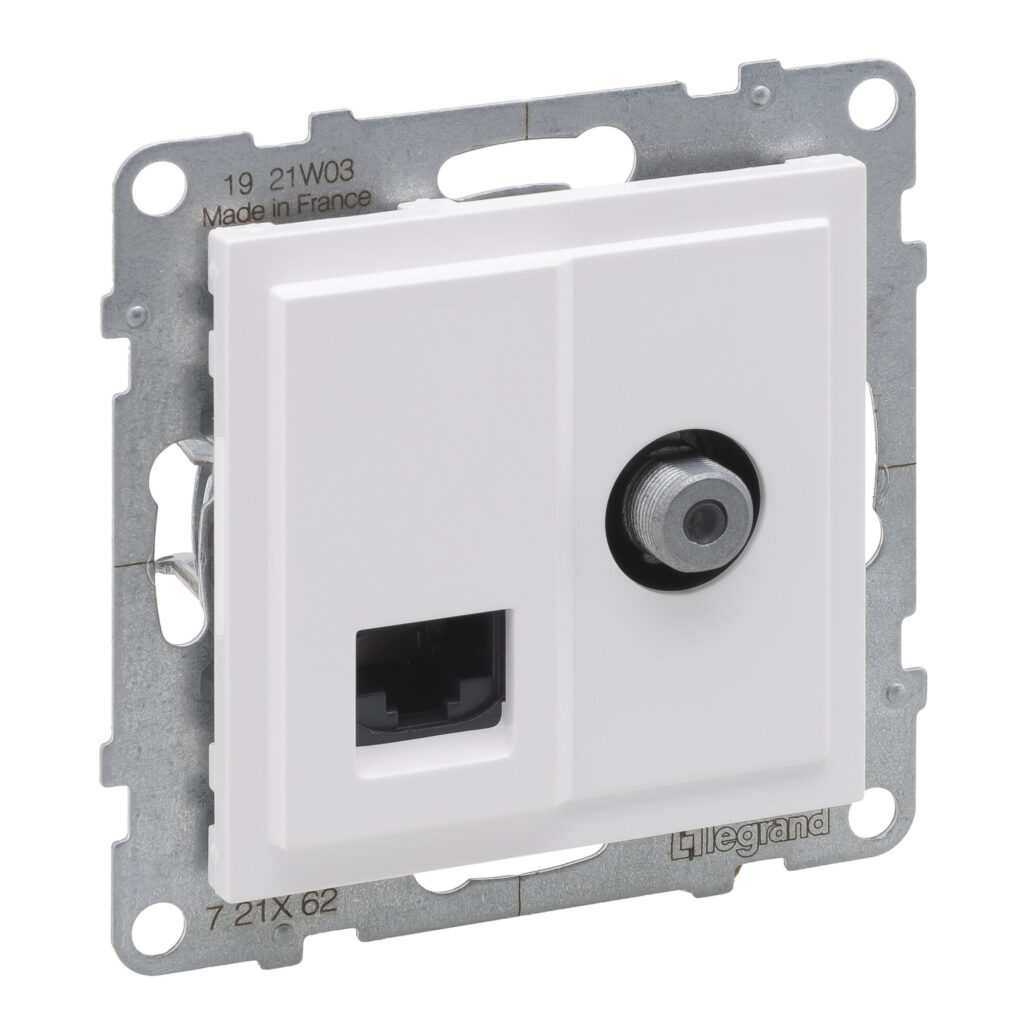 Tomada TV RJ45 Legrand New Suno – tipo F, RJ45 Cat. 6 UTP, branca, alumínio ou preta